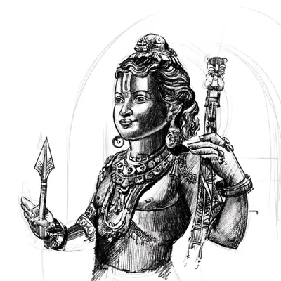 The detailed line art stage of my Ram Lalla digital painting. This black and white sketch focuses on the intricate details of the idol's form and ornamentation before color is added.