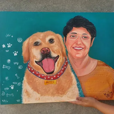 A full view of the custom acrylic painting for Nutty the golden retriever and his human. I added fun little doodles like paw prints and bones to capture his playful personality.