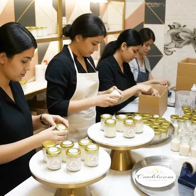 Here's a look at my team carefully hand-packing a large bulk order of scented jar candles. Every candle is checked and prepared with care before it's sent out for your event.