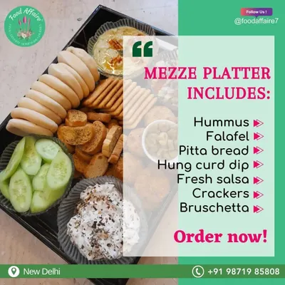 My Mezze Platter is perfect for any house party. It includes hummus, falafel, pitta bread, hung curd dip, fresh salsa, crackers, and bruschetta.