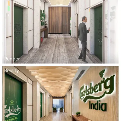 For the Carlsberg India office, the vision was to create a powerful brand statement from the moment of arrival. This render-to-reality comparison of the elevator lobby shows how we translated that vision, complete with a custom wavy ceiling and iconic green branding, into a striking physical space.