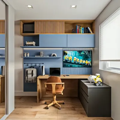 A compact and highly functional kid's room with a built-in desk, perfect for homework and gaming. The design includes clever storage solutions like overhead cabinets and a pegboard for organizing accessories.