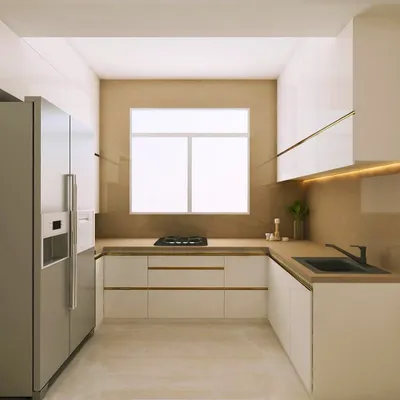 A classic and elegant kitchen design. The combination of white high-gloss cabinets with subtle gold-profile handles creates a look that is both timeless and luxurious.