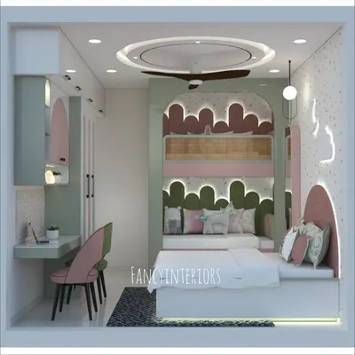 A 3D concept design for a child's bedroom, showcasing our ability to create playful yet practical spaces. This design includes a custom bed with built-in seating, a dedicated study area, and creative wall decor with unique lighting fixtures.