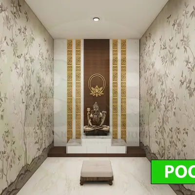 A serene and elegant pooja unit we designed. The space is defined by a beautiful nature-themed wallpaper, a marble and wood backdrop for the deity, and focused lighting to create a peaceful atmosphere for prayer and meditation.