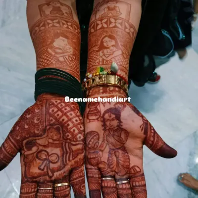A full baby shower themed mehandi with portraits of the parents holding their baby, scenes from the mundan ceremony, and a cute little Krishna.