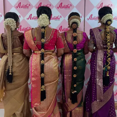 A lineup of classic South Indian bridal hairstyles. Each features a traditional long braid (*poola jada*) adorned with intricate hair jewelry and fresh jasmine flowers, showcasing different styles for the Muhurtham.