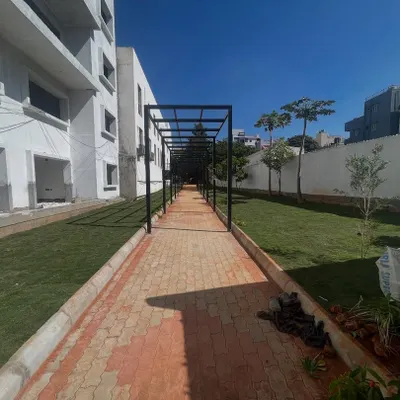 A completed landscaping project for a new apartment complex. I installed the lawn, planted young trees, and built the paved walkway with a pergola.