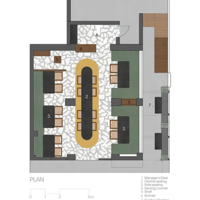 Our design process begins with a clear plan. This floor plan for the Eat Punjab restaurant in Chandkheda illustrates how we organized the layout around a central communal table to optimize flow and create a variety of seating zones within a compact space.