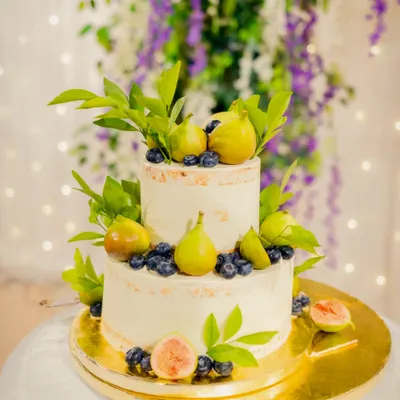 A full view of the two-tiered Tiramisu wedding cake, adorned with fresh figs and blueberries against a backdrop of hanging wisteria. This design brings a touch of rustic elegance to any celebration.