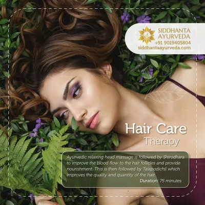 My 75-minute hair care therapy is a deeply relaxing and nourishing experience. It begins with a head massage to improve blood flow, followed by Shirodhara and a herbal scalp pack (Talapodichil) to improve hair quality.