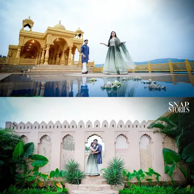 A two-panel shot showcasing the couple against grand, golden temple architecture and a serene garden wall, demonstrating the variety possible at a single heritage location.