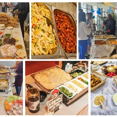 A collage showcasing the variety at one of our events. You can see the live chaat station, pasta bar, and other delicious dishes that made the party special.