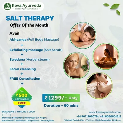 This graphic details our "Offer of the Month," a Salt Therapy package. It includes a full body massage, salt scrub, herbal steam, and facial cleansing, providing a complete detoxifying experience at a special price.