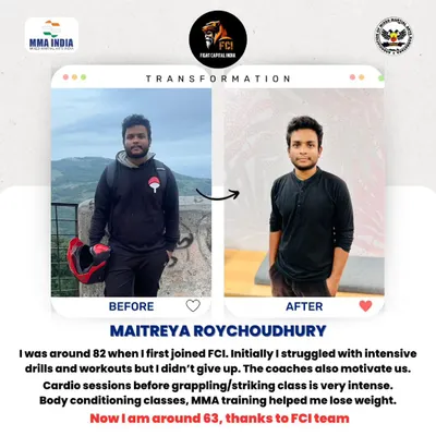From 82kg to 63kg. Maitreya's incredible weight loss journey is a testament to his hard work and our effective training programs, including intense cardio and MMA conditioning.