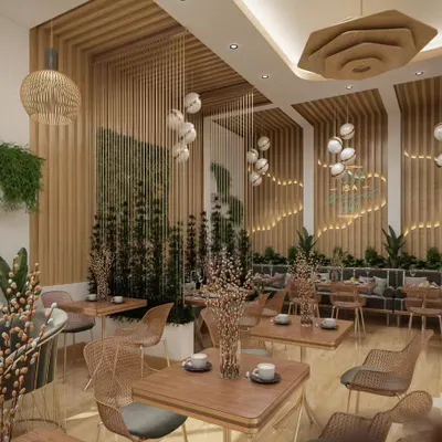 A nature-inspired cafe design featuring light wood, wicker furniture, and cascading decorative elements. The layout provides a variety of seating options, from intimate two-person tables to larger banquettes, creating a serene and welcoming atmosphere.