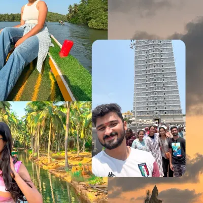 A collage of moments from our Gokarna trip, featuring backwater boating, a visit to the Murdeshwar temple, and happy group selfies.