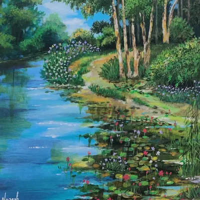 A detailed view of my acrylic painting capturing the serene beauty of the lake at Lalbagh Botanical Garden, with water lilies dotting the surface.
