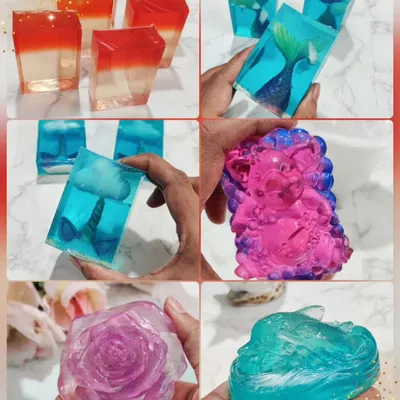 Welcome to the magical world of designing transparent soaps. This collage shows the variety of designs you can create, from layered soaps to intricate embeds like unicorns and mermaids.