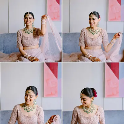 A collage of a bride's ethereal moments, showcasing her soft, dreamy look and glowing happiness in a beautiful pink lehenga.