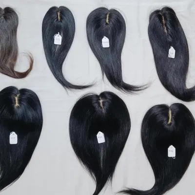 This collection shows the top view of several hair toppers, highlighting the natural-looking scalp partings. I create these in various sizes and densities to match different levels of hair loss.