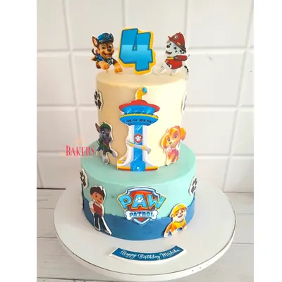 A fun, two-tier Paw Patrol cake for Mishka's 4th birthday! This no-fondant cake features all the main characters from the show. The design was suggested by the client, and I was so glad everyone at the party loved it.