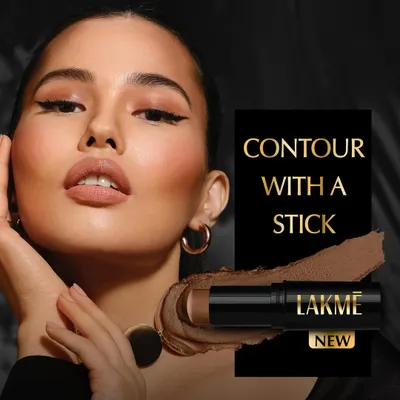 A sophisticated advertisement for a new Lakmé contour stick. The image features a model with a perfectly sculpted look, paired with a product shot and a texture smear to showcase the color and creamy format of the makeup.