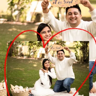 It's a girl! A joyful collage capturing the excitement of a gender reveal. The couple's happy expressions say it all in this fun outdoor photoshoot.