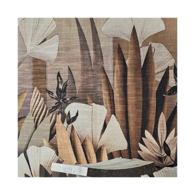 This 'ICHO' wallcovering is a botanical dream, created with digital printing on a non-woven fabric covered with metallized foil and canvas. The result is a panoramic design with incredible texture and depth.
