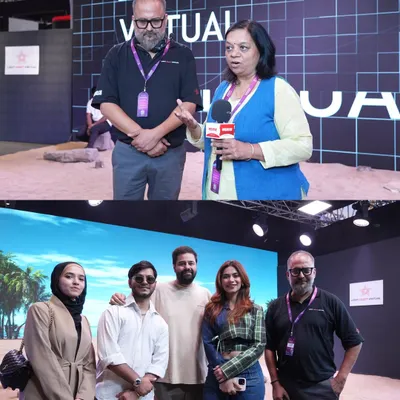 Our team engaging with visitors and media at the WAVES 2025 summit. The top image shows an interview in front of our "Light Craft Virtual" branded LED wall, while the bottom shows us hosting guests on our virtual beach set.