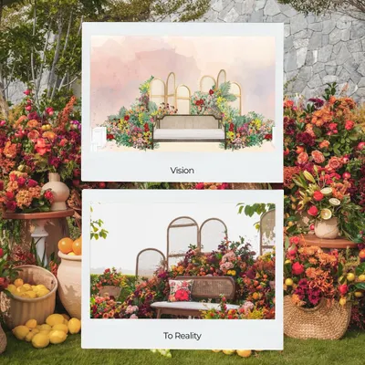 A side-by-side look at our design process, showing how a watercolor 'Vision' sketch is meticulously brought 'To Reality'. This demonstrates our commitment to transforming a floral design concept into a beautiful, tangible seating area.