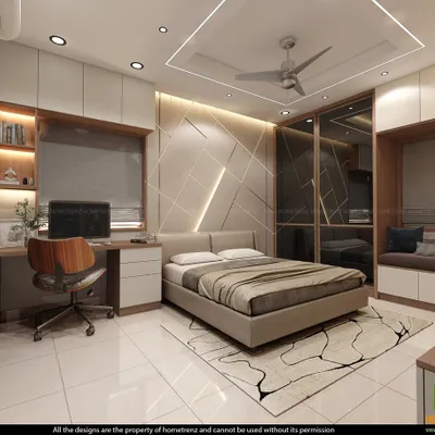 A multi-functional master bedroom I designed, featuring a geometric-patterned accent wall with integrated lighting. The room includes a built-in desk, a cozy window seat, and a wardrobe with a dark glass finish.