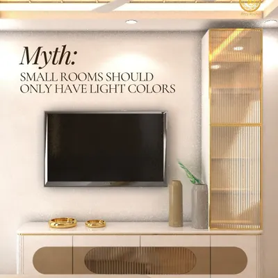 This image busts the myth that small rooms must only use light colors. This modern media unit, with its clean lines and gold accents, shows how smart design and balanced proportions can make a compact space feel luxurious and well-appointed, regardless of color.