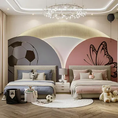 This beautiful shared bedroom is designed for a brother and sister, with distinct butterfly and soccer themes that come together under a stylish, unified headboard. It’s a perfect example of creating personal space within a shared room.