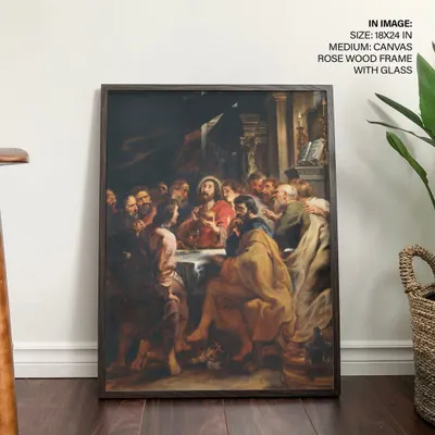 A faithful reproduction of Peter Paul Rubens' dramatic masterpiece, "The Last Supper." This powerful and historic piece, shown here in a classic rosewood frame, brings a sense of classical artistry and reverence to your home.