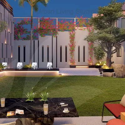 A 3D render of a luxurious entryway and front lawn for a bungalow in Aligarh. The design features a massive white Buddha sculpture, a serene water body, and a comfortable seating area with a swing, setting a tone of opulence and tranquility.