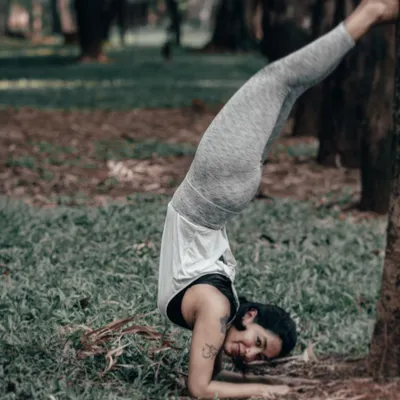 Working on Pincha Mayurasana, the Forearm Stand, using a tree for support. This inversion builds incredible shoulder and back strength without putting pressure on the head, teaching us to get back up every time we fall.