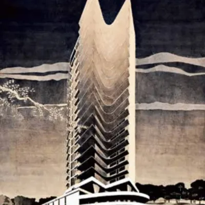 An original presentation drawing of the iconic Jivan Maneck tower, completed in 1968. This sketch captures the dramatic, sculptural ambition of the project, which was carved into the challenging terrain of Malabar Hill.