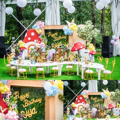 A whimsical woodland wonderland created for a special birthday. The setup features a custom 'Happy Birthday' sign, adorable mushroom props, and a beautiful table setting, all designed to make the birthday child feel like they've stepped into a storybook.