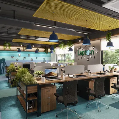 This view of the Lepton office showcases the long communal workstations and the custom wall mural that tells the company's story. The layout is designed to facilitate easy communication between team members.