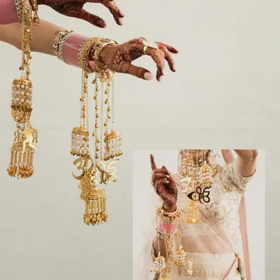 An artistic black and white collage focusing on the bride's hands and her beautiful kaleeras. The composition is modern and creative, turning a detail into a piece of art.