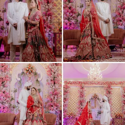 A collage showcasing key moments from the wedding ceremony, from the couple's portraits against a floral backdrop to the Varmala exchange.