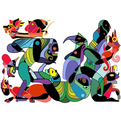 A digital illustration from our 'God Like Creatures' series. This composite image shows various mythical beings born of passion, music, and lust, representing a more primal and earthly form of divinity.