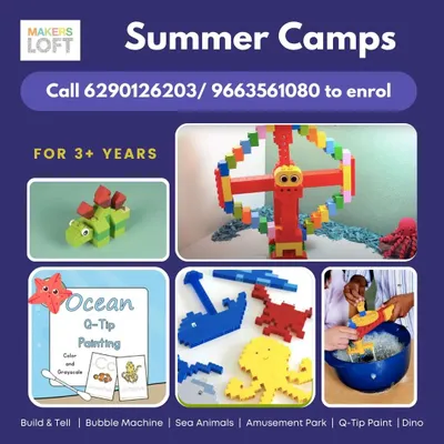 My summer camps are filled with a variety of hands on activities for kids. Here you can see some of the projects like building sea animals, creating a bubble machine, and constructing a large amusement park ferris wheel.