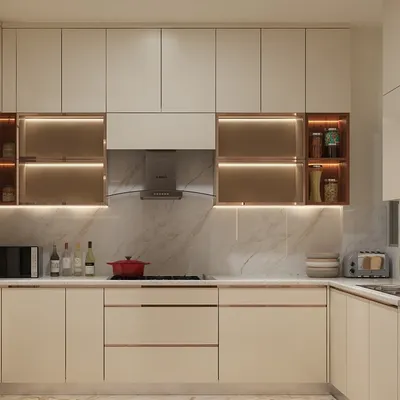 This U-shaped kitchen showcases a clean, modern aesthetic with high-gloss acrylic cabinets and handleless drawers featuring a subtle golden profile. The marble-patterned backsplash and warm in-cabinet lighting complete the look.