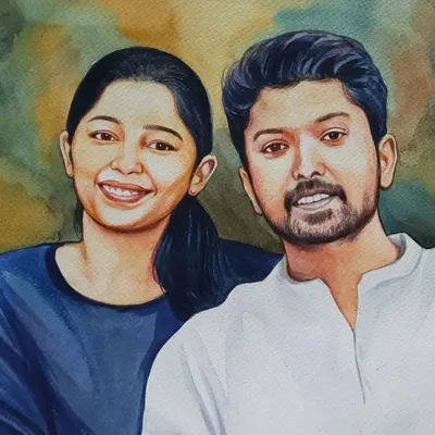 This is an example of my digital watercolor painting style. It’s a more realistic couple portrait that has the soft, blended feel of traditional watercolor, making it a beautiful and timeless piece of art.