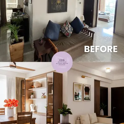 A complete overhaul of a living and dining area. We replaced the dated furniture and cluttered layout with a bright, open-concept design featuring built-in storage, modern seating, and improved lighting to create a welcoming and functional space.