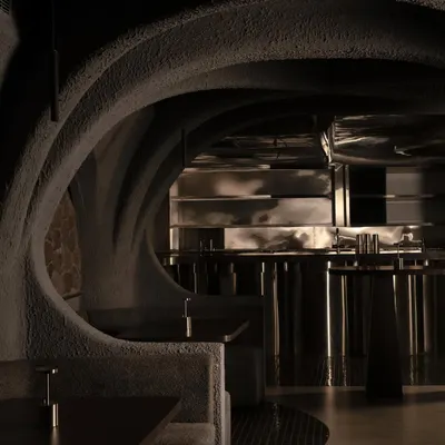 The entrance to the dining area, where the dialogue between rough concrete and polished steel begins. The curved forms guide the eye and body, creating an organic flow through a space that feels discovered, not just entered.