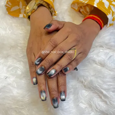 A still photo of the finished Cat Eye nails. The magnetic polish creates a beautiful silver streak that moves across the dark base, resembling a cat's eye.