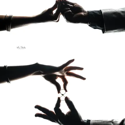 A creative silhouette shot telling the story of the engagement. This collage uses just hands and rings against a white background to symbolize the promise and union of the couple.